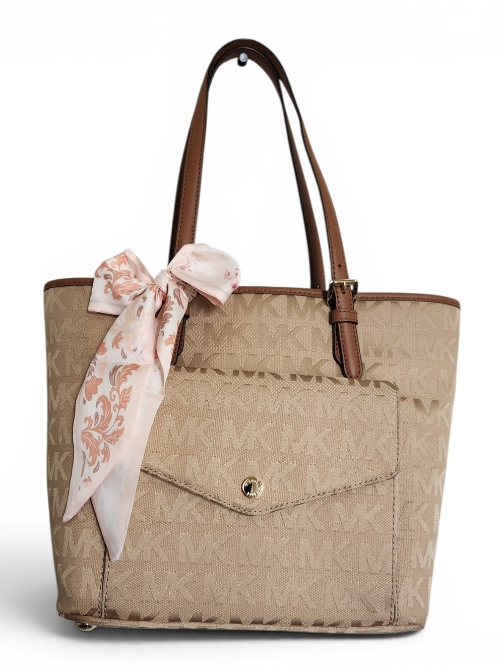 Michael Kors Signature Jacquard Jet Set Medium Pocket Tote Camel